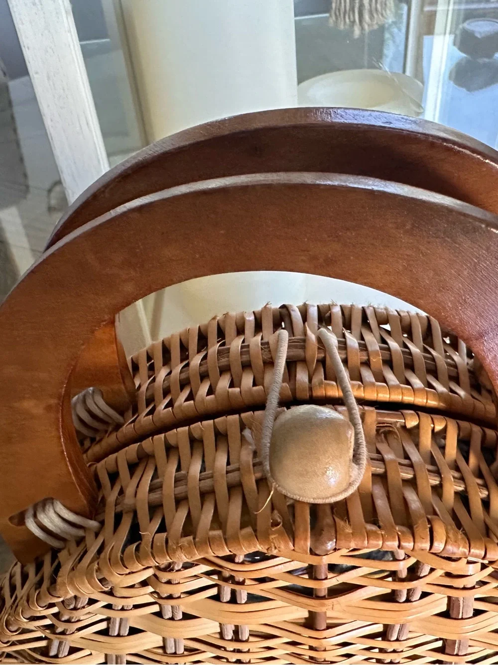 Wooden Purse Hinged Basket Weave Sides Handles Clasp Interior Floral Cloth Lined - Picture 3 of 12
